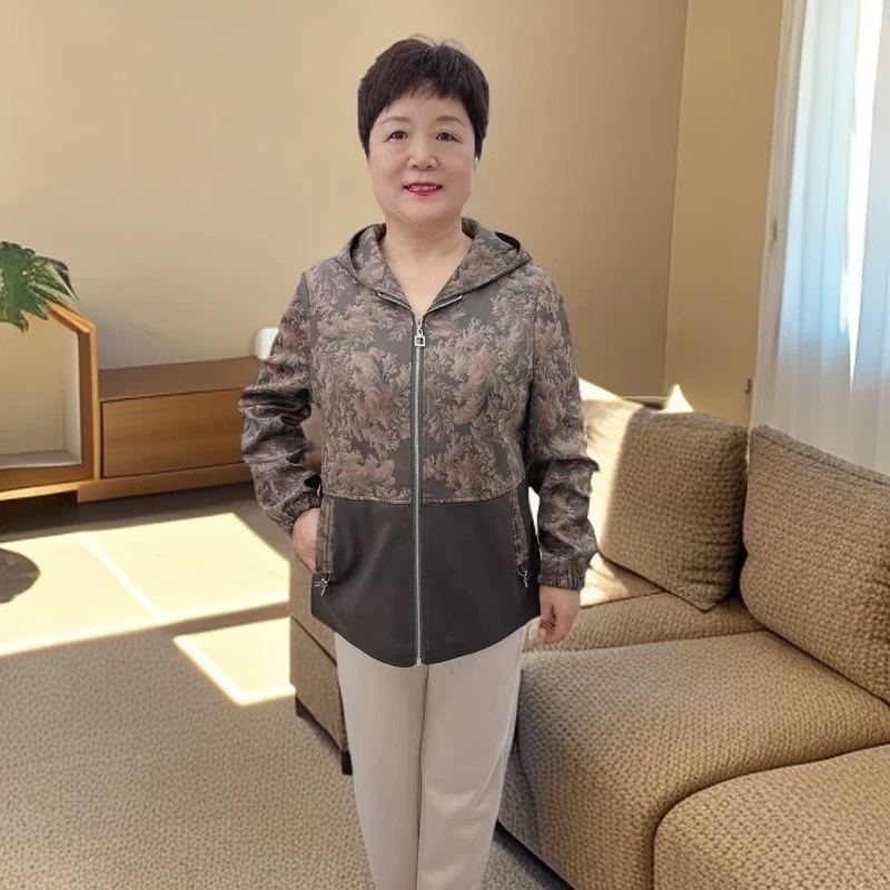 秋季新款中老年妈妈装时尚休闲连帽印花夹克女士外套8866