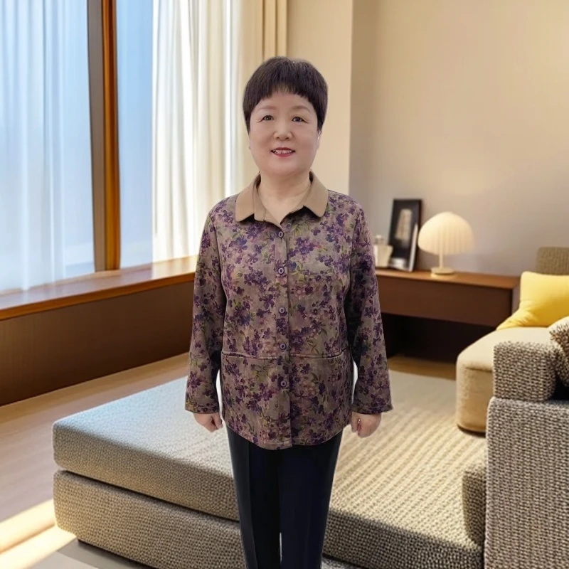 秋季时髦中老年妈妈装长袖时尚洋气印花宽松休闲上衣小衫24-38