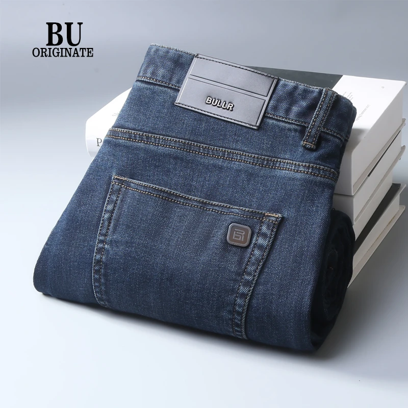 BU秋冬厚款深蓝色牛仔裤男士直筒修身柔软弹力百搭高端商务长裤男
