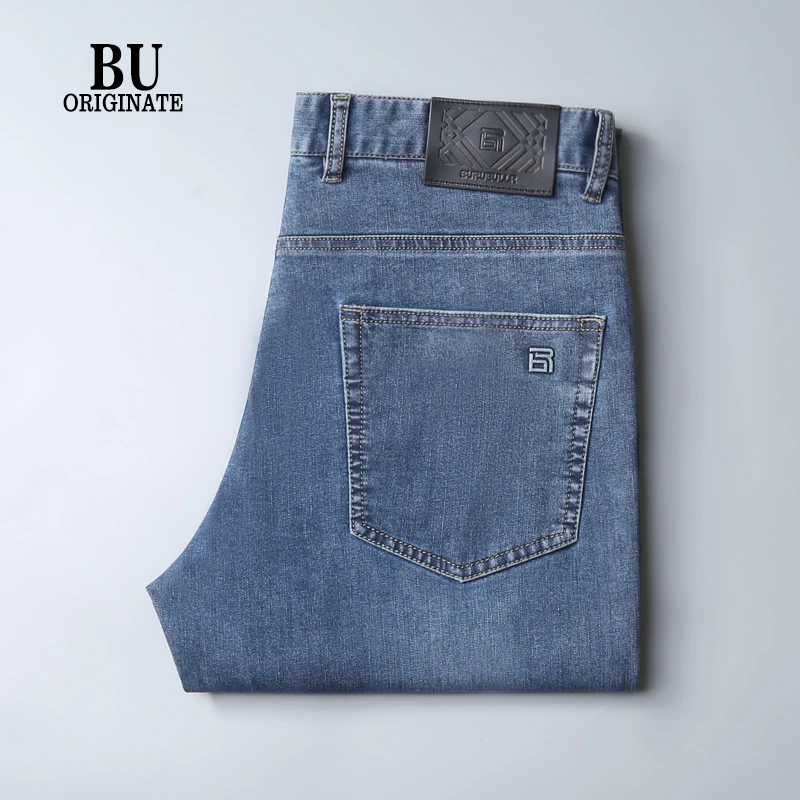 夏季薄款男士牛仔裤浅蓝色冰凉丝直筒修身商务弹力轻奢牛仔裤长裤