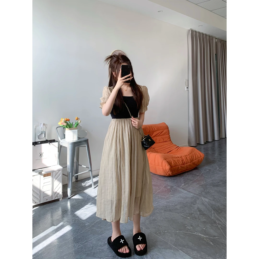 清仓 你的cc阿 晴日繁花~复古法式公主裙女撞色方领格子连衣裙