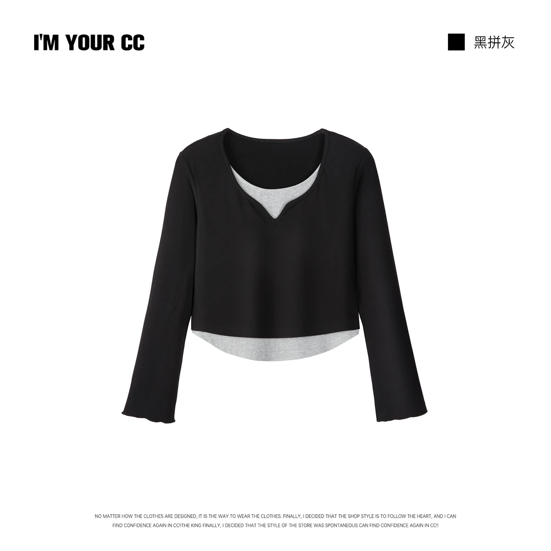 清仓 我是你的cc阿 长意空山~苹果型辣妹设计感显瘦小众拼色小衫