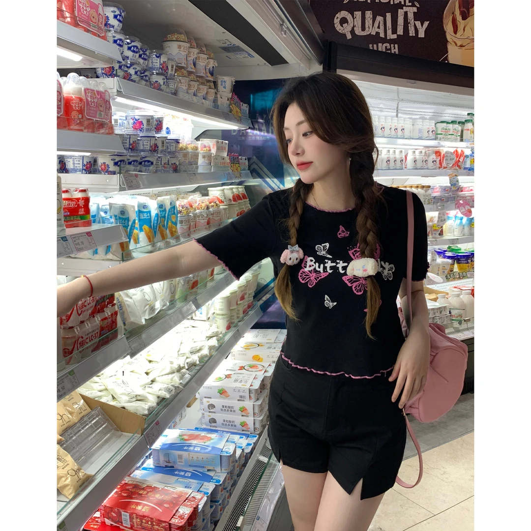 我是你的cc阿 初恋泡芙~胖mm设计感短款上衣女夏季蝴蝶印花T恤潮
