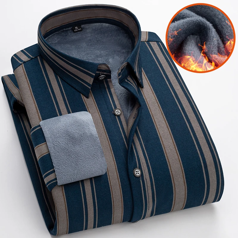 保暖衬衫男加绒加厚冬季商务休闲中老年长袖条纹棉爸爸装打底衬衣