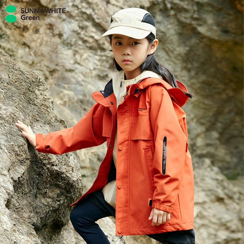 绿标SWG童装中长款外套春秋户外防风防水风衣外套男女大童上衣拼