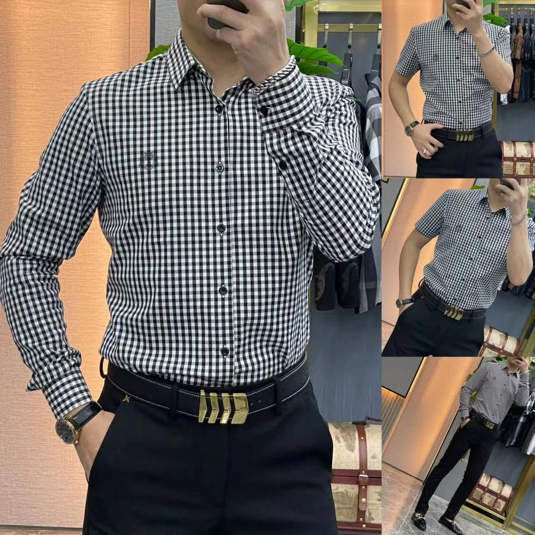 3168｜男士欧货千鸟格免熨烫衬衫时尚休闲百搭修身商务