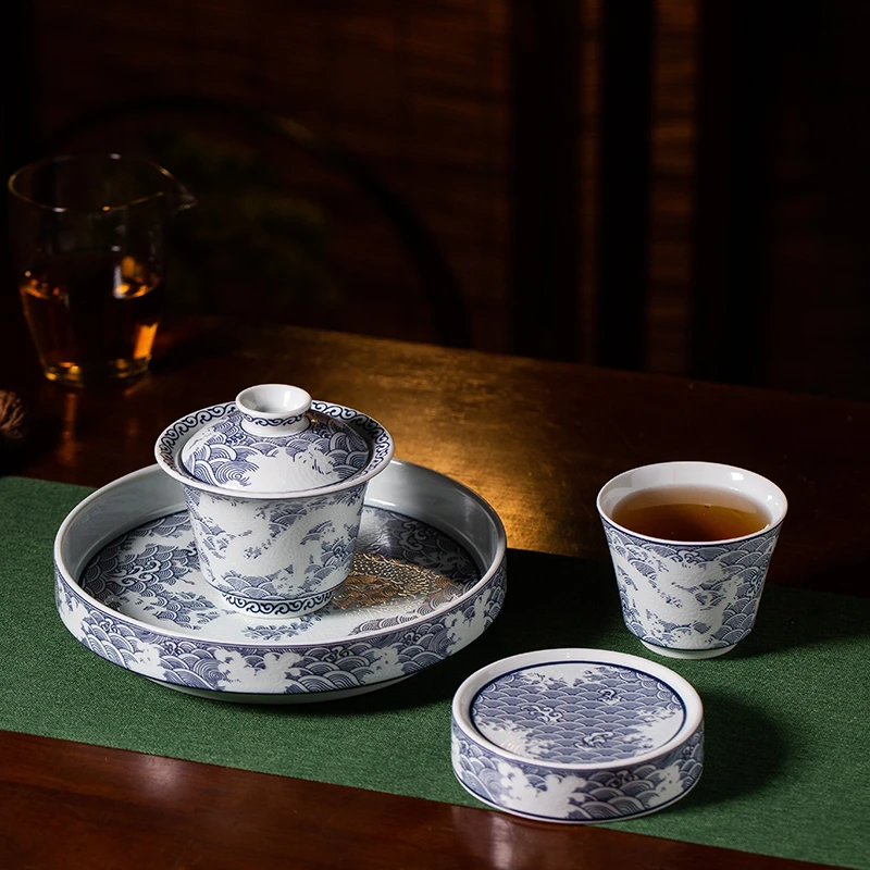 景德镇陶瓷青花瓷明刻霸王龙4件套组中式茶具高端龙纹茶器