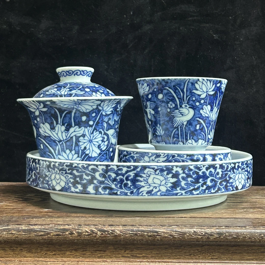 景德镇陶瓷青花瓷冰裂纹一鹭莲科茶具套组整套茶器家用高端茶器