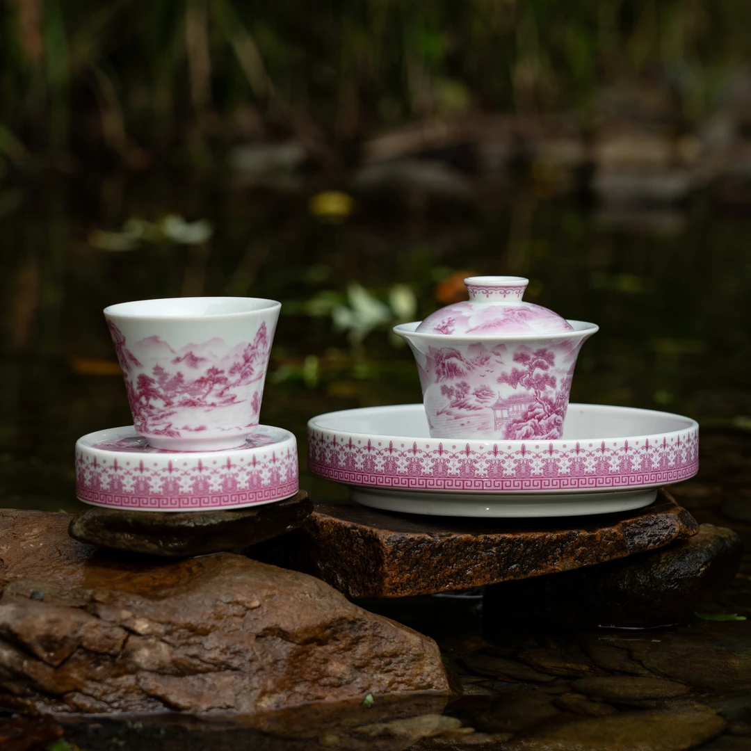 景德镇陶瓷胭脂红千里江山茶具套装整套山水茶具粉红山水茶器