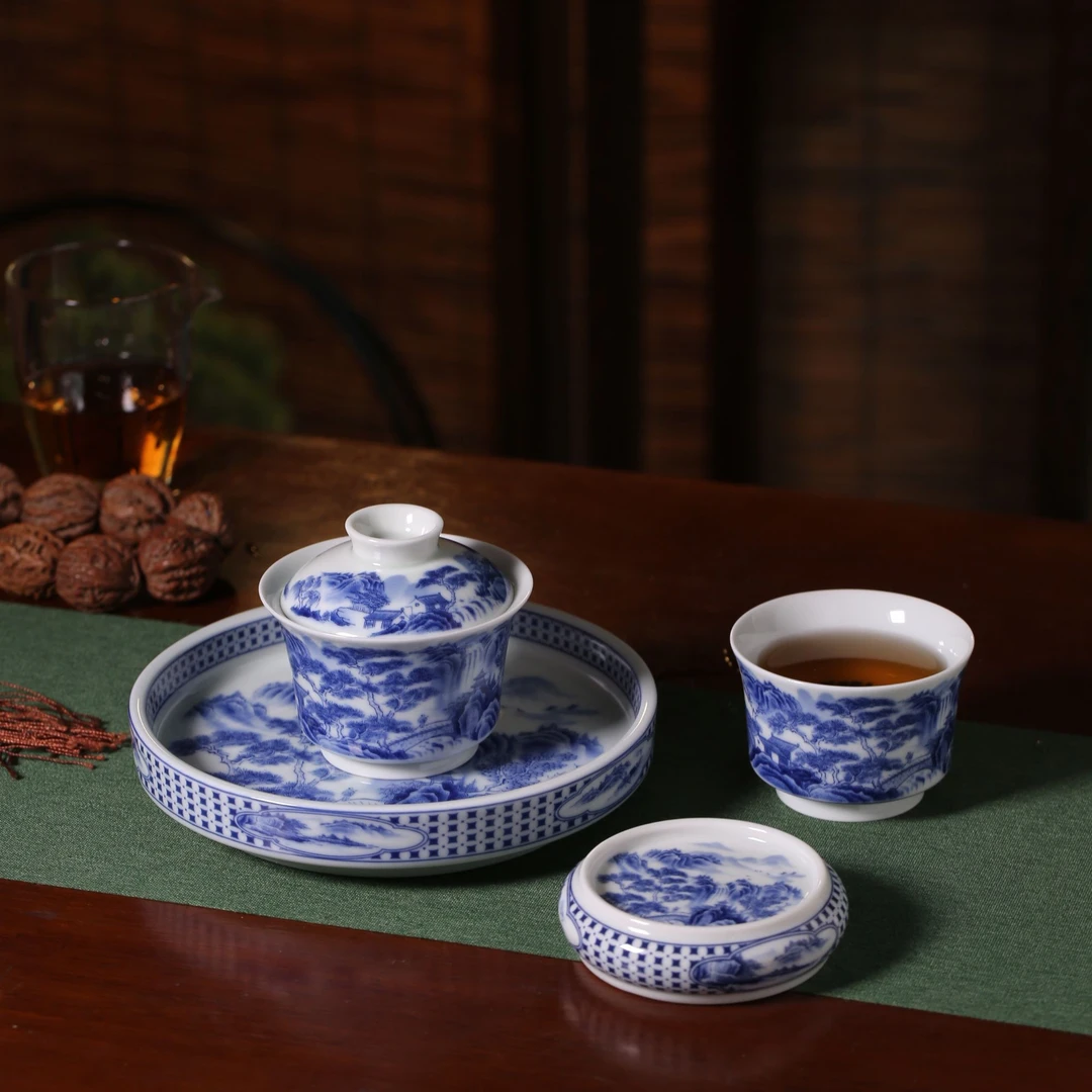 景德镇陶瓷青花瓷精工山水套组釉下青花瓷茶器中式山水之巅茶具