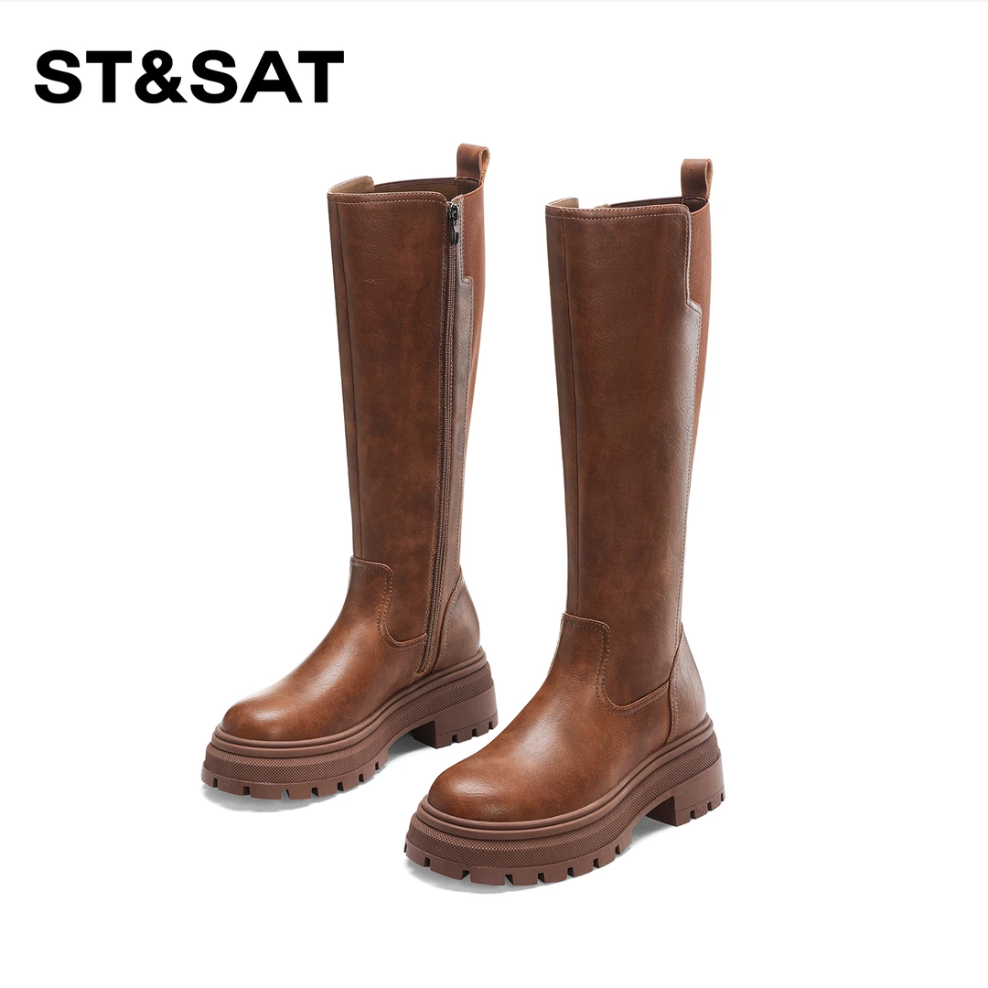 St&Sat/星期六时装靴女2024新款直筒长筒爆款洋气高筒靴品牌棕色