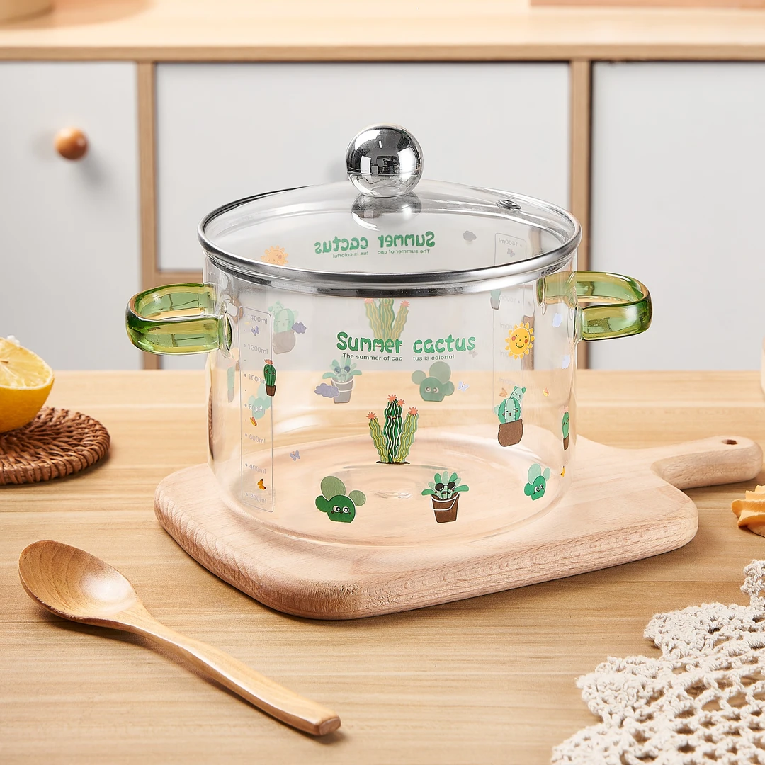 kitchoice1.5L玻璃奶锅高硼硅玻璃泡面碗小煮锅仙人掌精致可爱