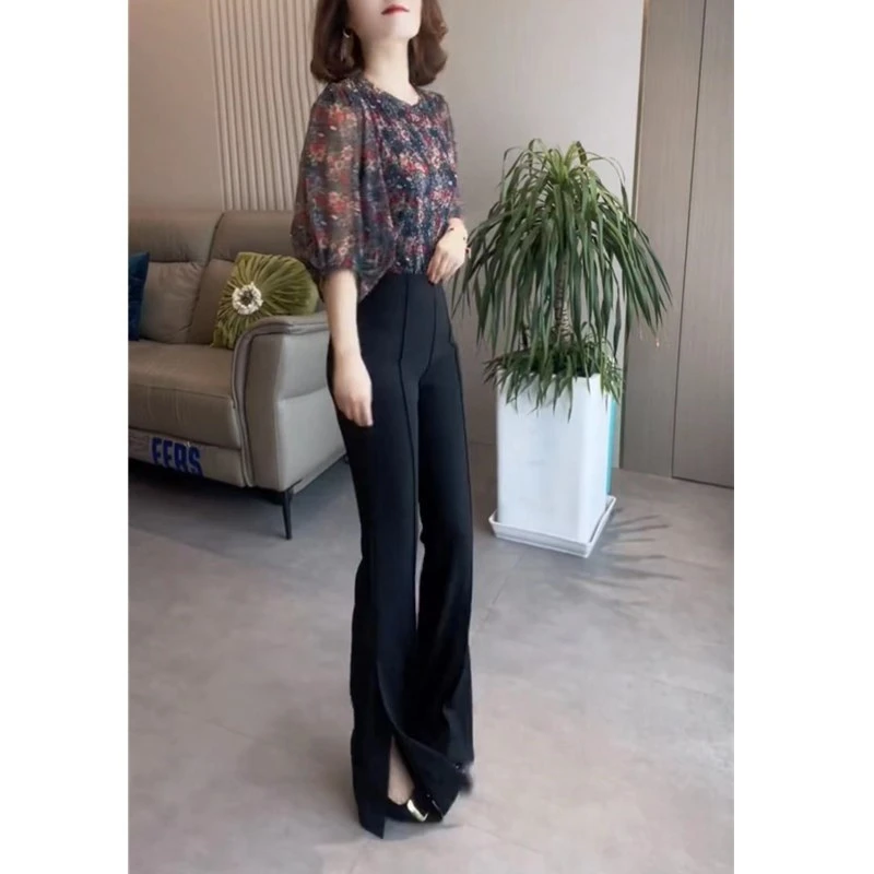 2024春夏新款圆领中袖雪纺上衣高腰开叉长裤女