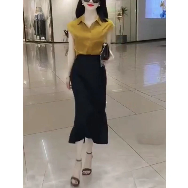 2024夏季新款翻领净版衬衫高腰修身半身长裙女装
