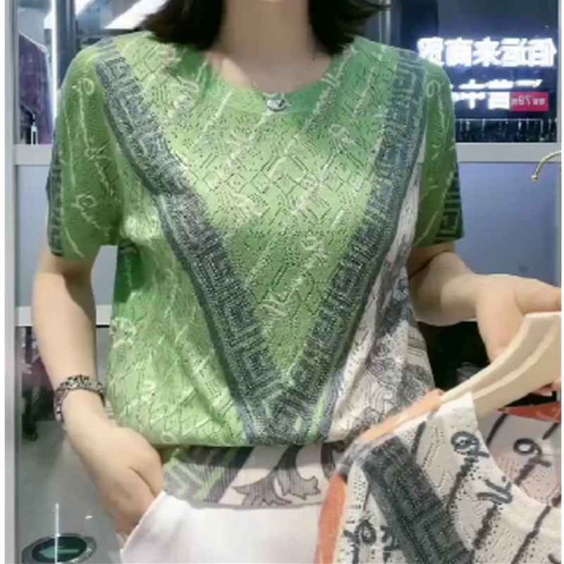 2024夏季新款重工印花圆领T恤时尚短袖宽松显瘦女