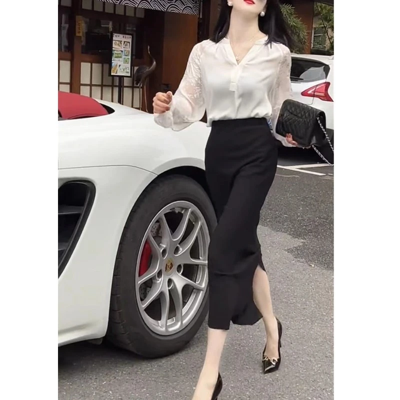 2025夏季新款白色V领长袖上衣高腰后开叉半身裙女