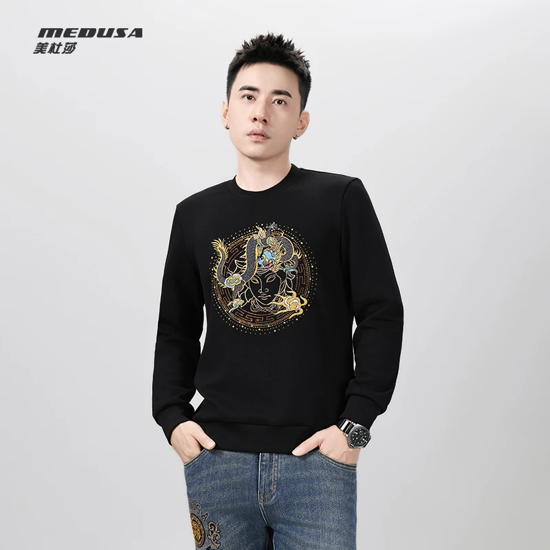 MeduSa/美杜莎男装卫衣2025秋冬新款男士刺绣烫钻圆领长袖男23827