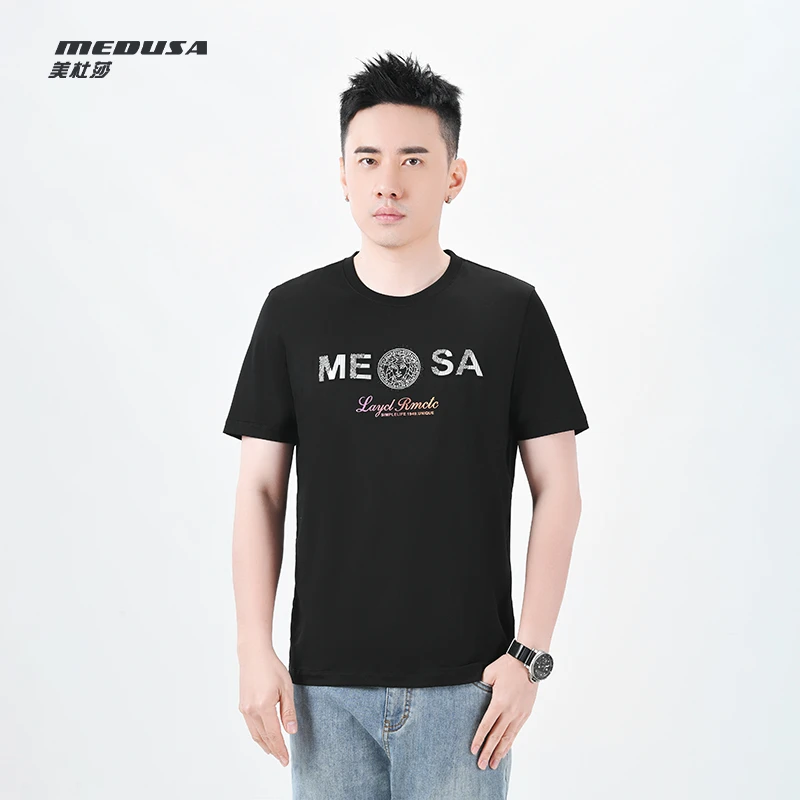 MeduSa/美杜莎男士短袖2025春夏季新款印花烫钻休闲圆领t恤 89109