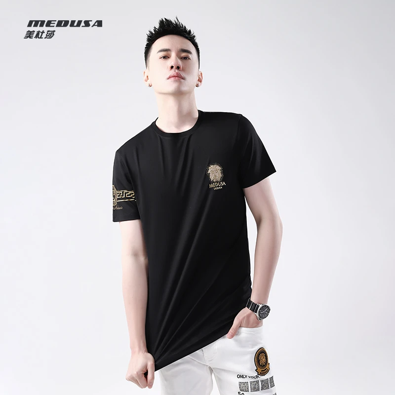 MeduSa/美杜莎短袖夏季纯色烫钻小标时尚简约百搭休闲t恤男13369