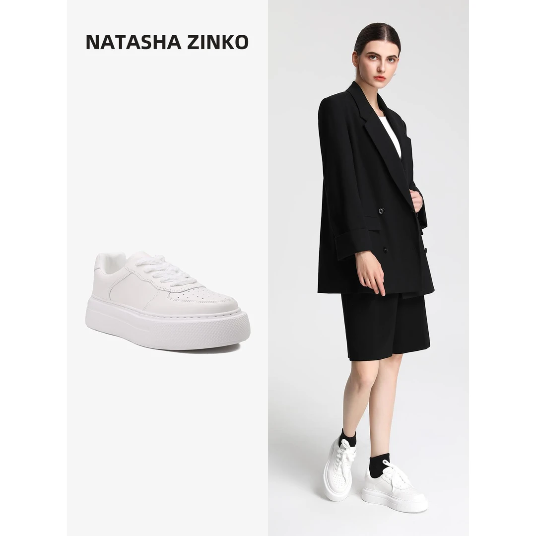 Natasha Zinko厚底小白鞋女2025夏季新款真皮透气百搭休闲平底鞋