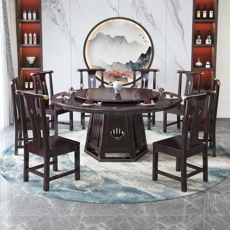 新中式实木大圆桌圆形电磁炉火锅桌一米八2米高档酒店别墅歺餐桌