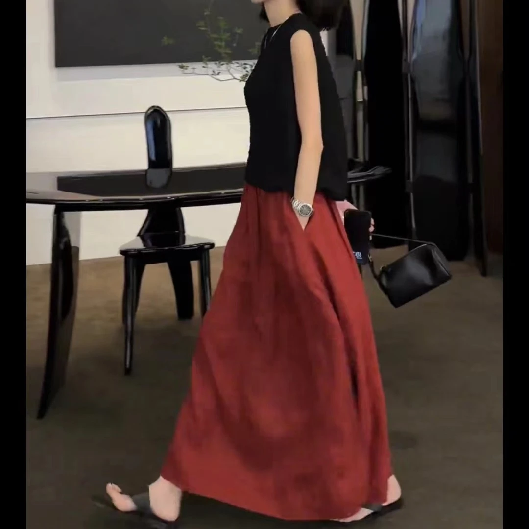 夏季韩系淑女风小众设计感显瘦马甲开叉半身长裙