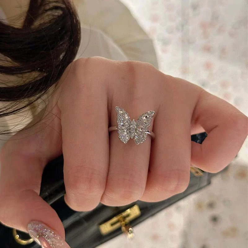 铜合金合成锆石戒指 法式爆闪清冷感蝴蝶戒指轻奢高级感精致指环