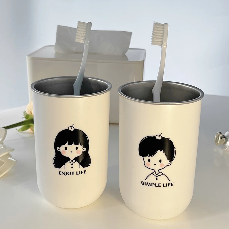 家用高颜值可爱卡通牙刷杯男女孩情侣漱口杯不锈钢简约创意刷牙杯
