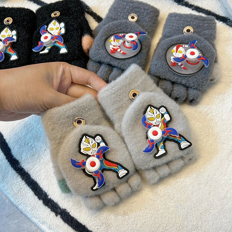 特曼儿童手套冬季男童半指翻盖加厚小学生写字宝宝写字五指分指