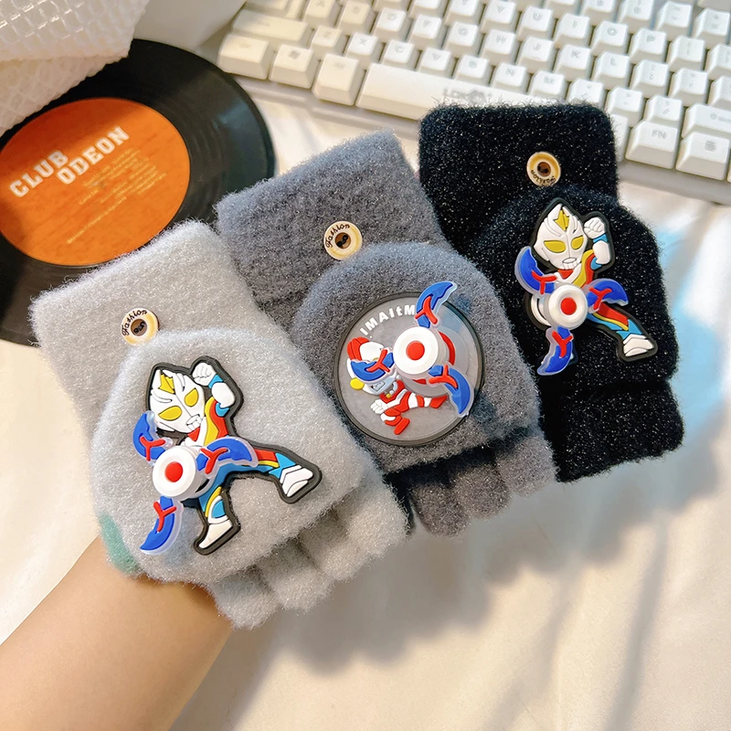 奥曼儿童手套冬季男童半指翻盖加厚小学生写字宝宝写字五指分指