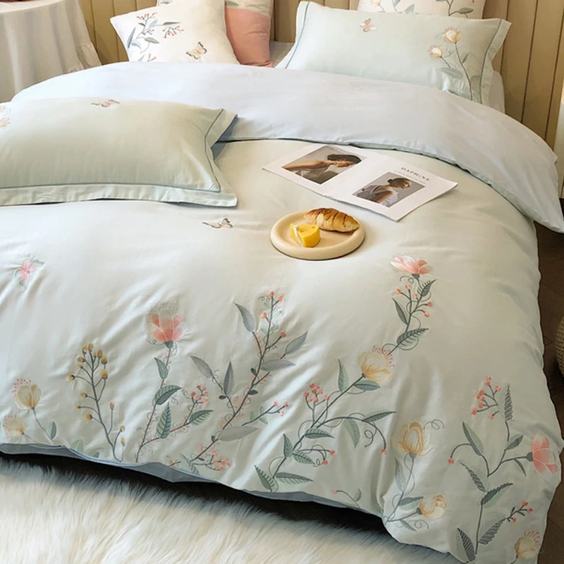 轻奢高级感纯棉床上四件套床笠100全棉北欧风ins刺绣床品被套床单
