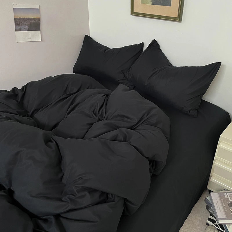 酷酷的黑ins风博主治愈系纯黑色水洗棉四件套简约床单三件套春夏