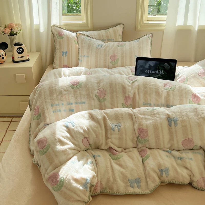 冬季牛奶绒床上四件套双面毛绒珊瑚法兰绒加绒被套床单床品三件套