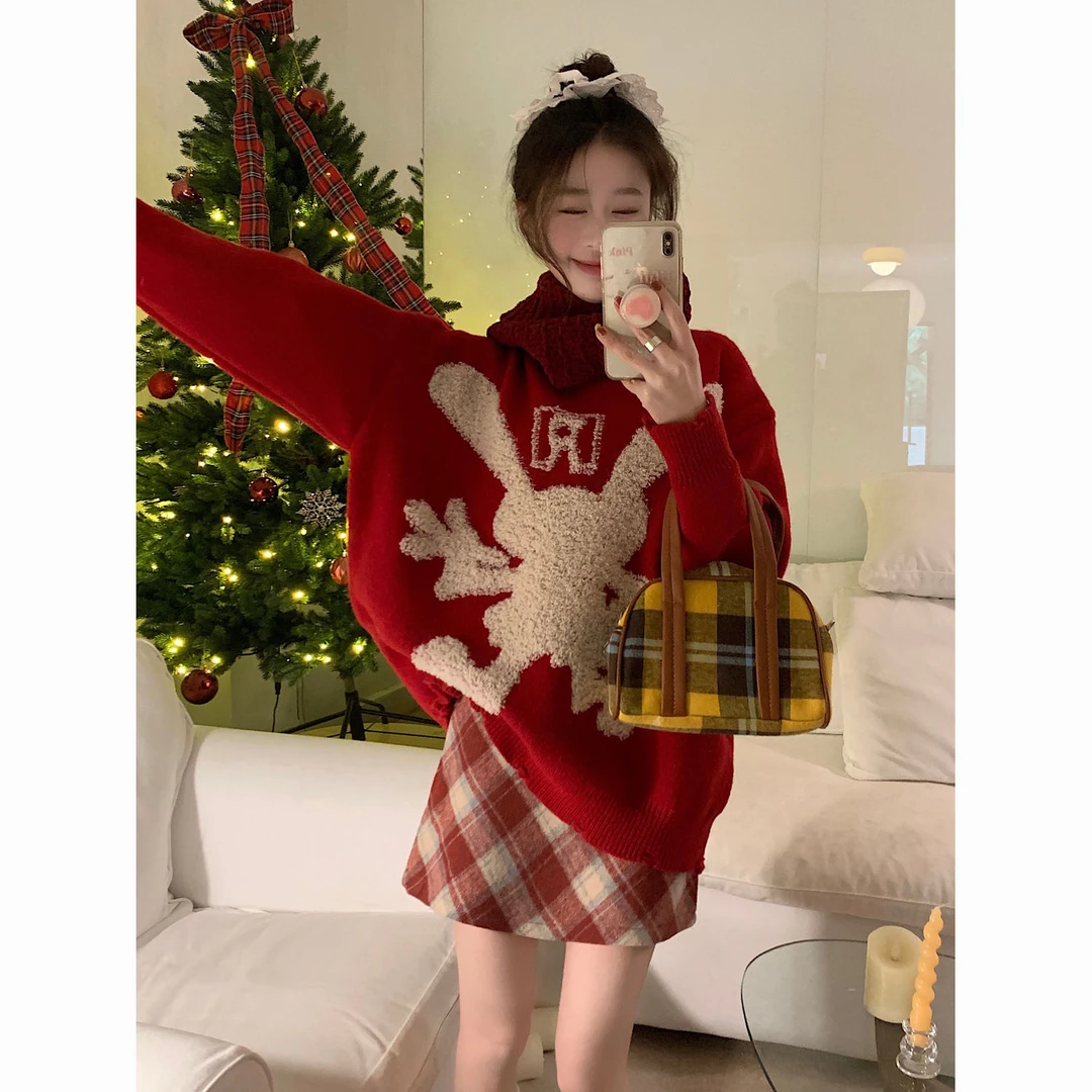 红色毛衣针织衫女长袖新年氛围感慵懒宽松圆领外穿上衣百搭慵懒风