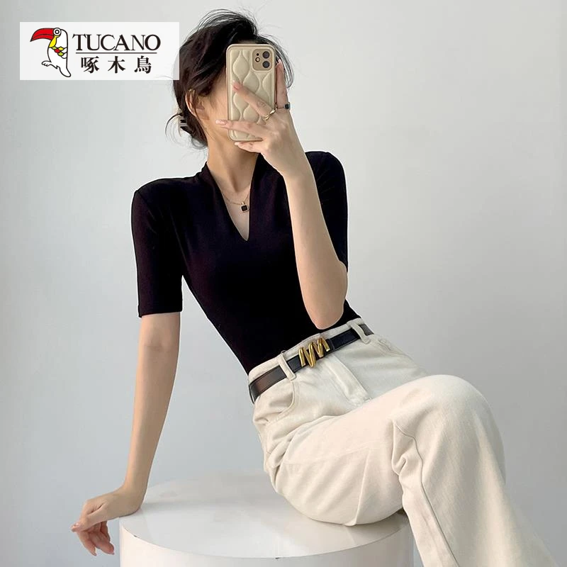 啄木鸟JS复古V领性感打底衫秋款短袖T恤女设计感内搭正肩气质上衣