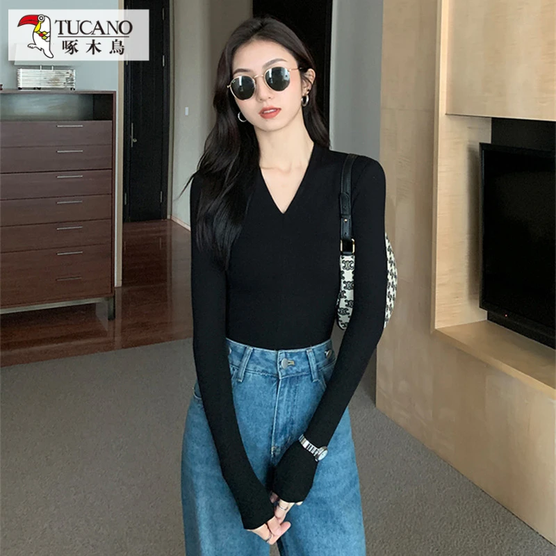 啄木鸟JS性感套头长袖T恤女秋冬弹力内搭V领打底衫修身百搭上衣B0