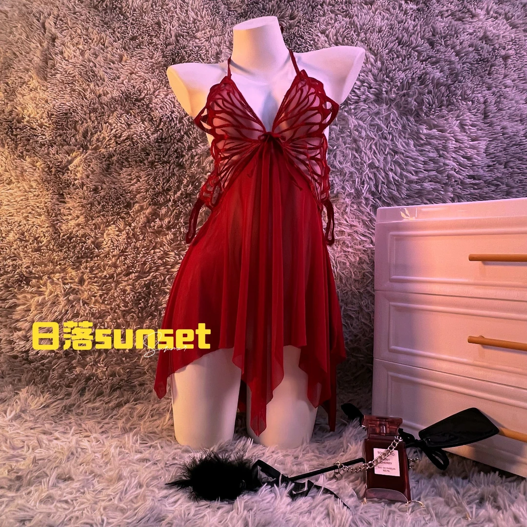 【日落sunset】蝴蝶性感露背网纱显瘦挂脖吊带睡裙纯欲睡
