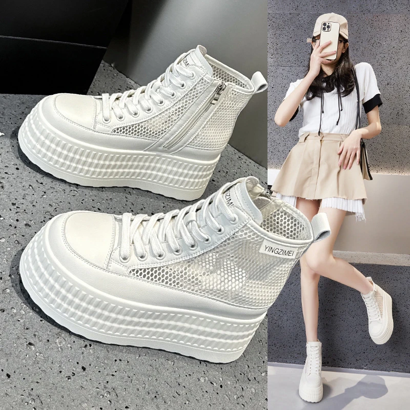 厚底小白鞋女2025新款夏季镂空网面高帮休闲鞋松糕百搭内增高女鞋