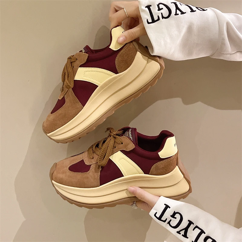 真皮复古安可拉红阿甘鞋女2024秋季百搭厚底老爹鞋拼色网红休闲鞋