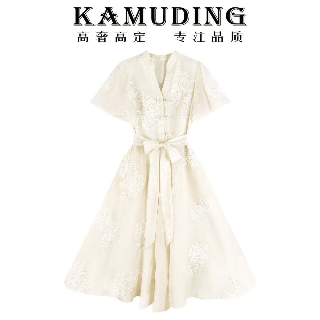 KAMUDING新款法式气质名媛高级感温柔风新中式白色连衣裙8171-1