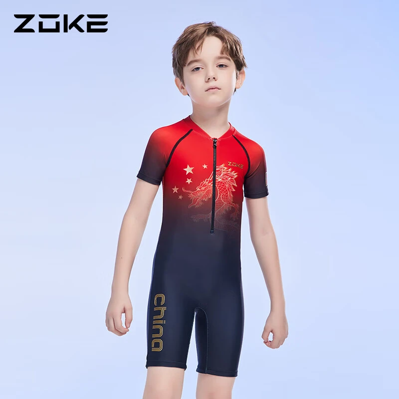 洲克ZOKE儿童泳衣男童连体平角短袖长袖训练大童游泳中大童宝宝