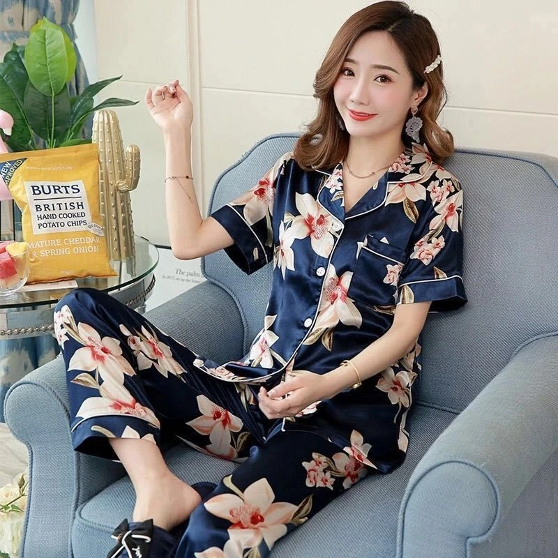夏季睡衣女夏薄款短袖长裤套装仿冰丝性感可外出睡衣家居服两件套