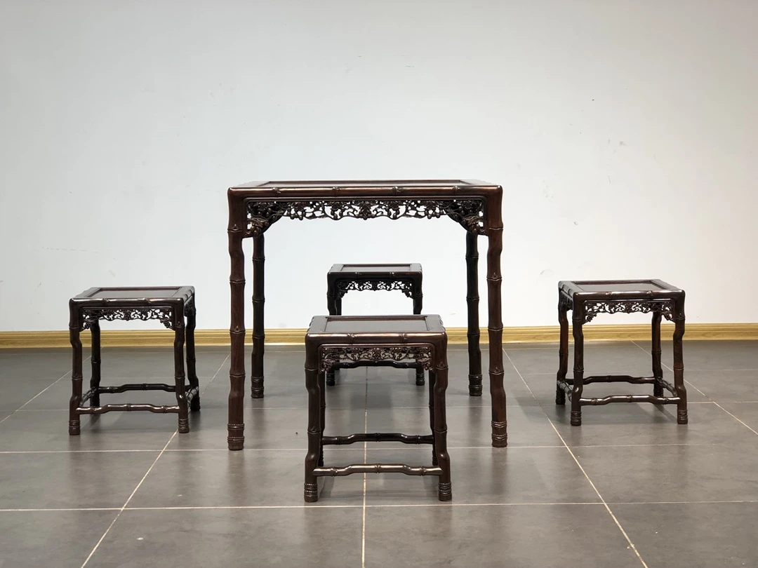 竹节款休闲五件套，桌子80桌面3拼凳子独板，大红酸枝黑飘红无拼补…