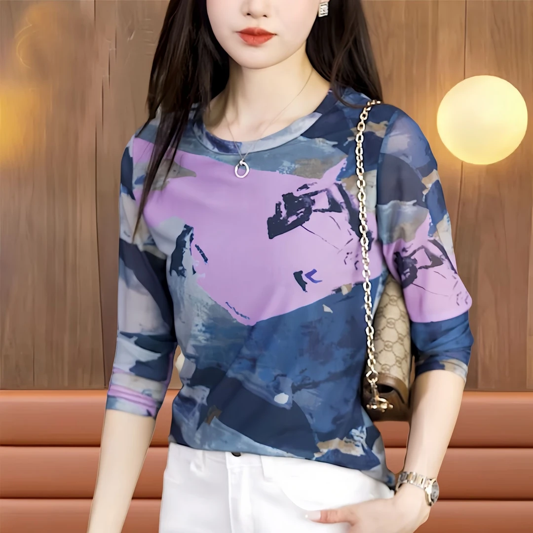 欧美个性时髦水墨画纱网薄款网纱长袖t恤春秋新款正版网纱上衣