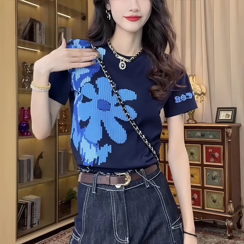 纯棉蓝色撞色印花女士短袖t恤2025夏季时髦百搭洋气休闲个性上衣