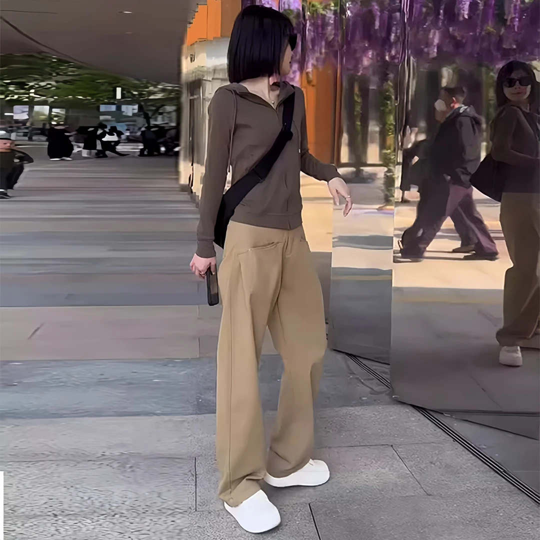 返潮复古时尚休闲运动套装2025早秋新款连帽长袖直筒阔腿裤两件套