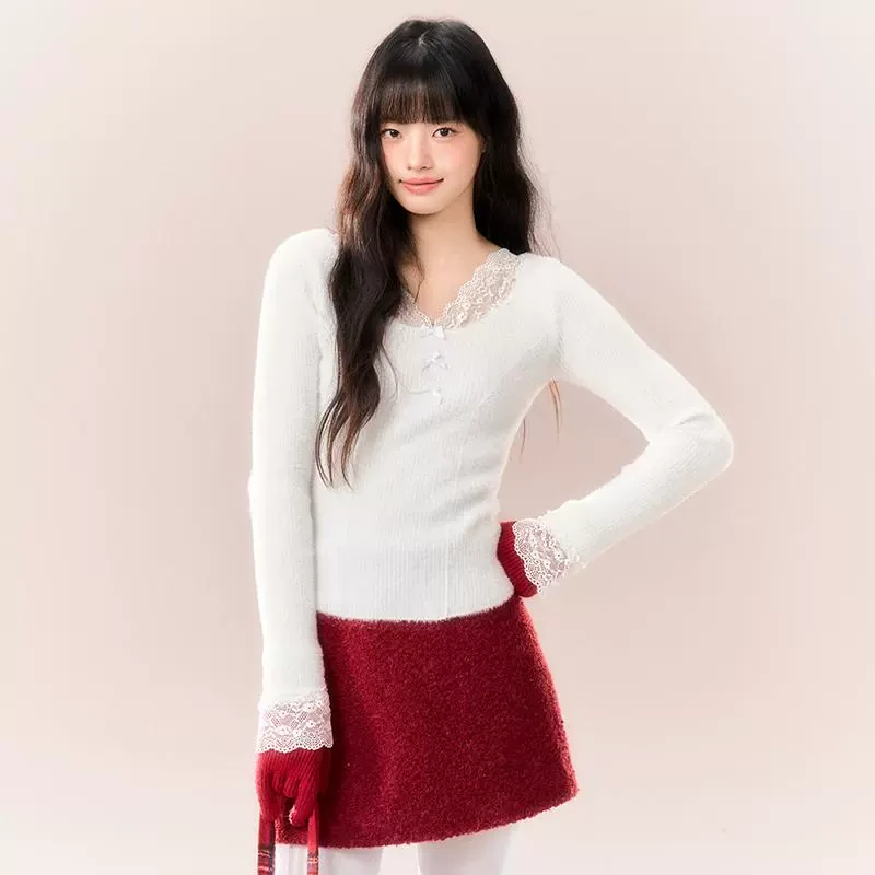 NTOT原创修身百搭精致蕾丝花边V领针织衫女秋冬内搭打底衫毛衣