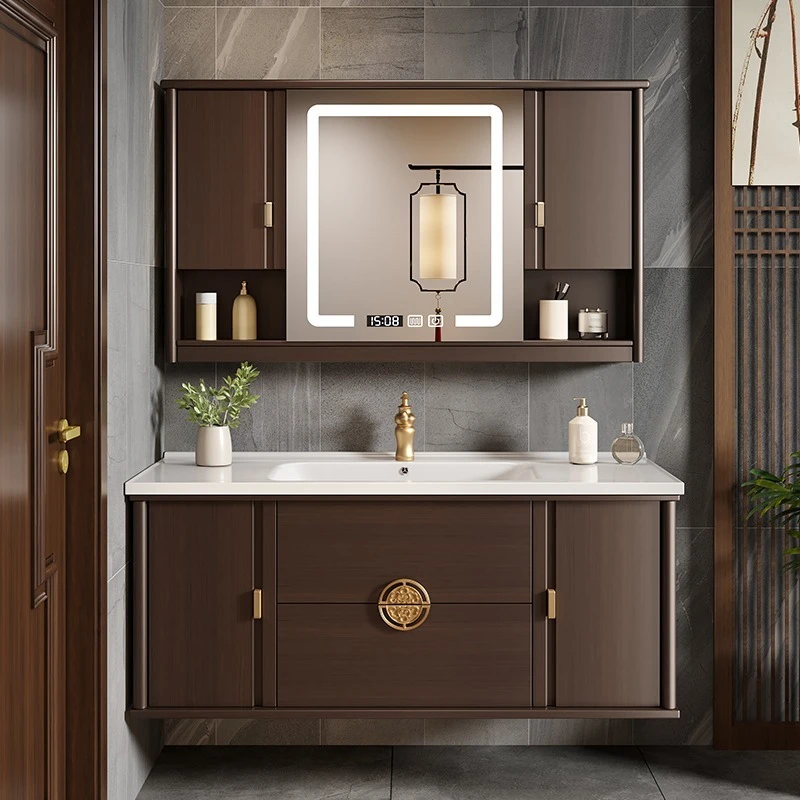 新中式陶瓷一体盆组合橡木实木卫生间洗脸盆浴室镜柜
