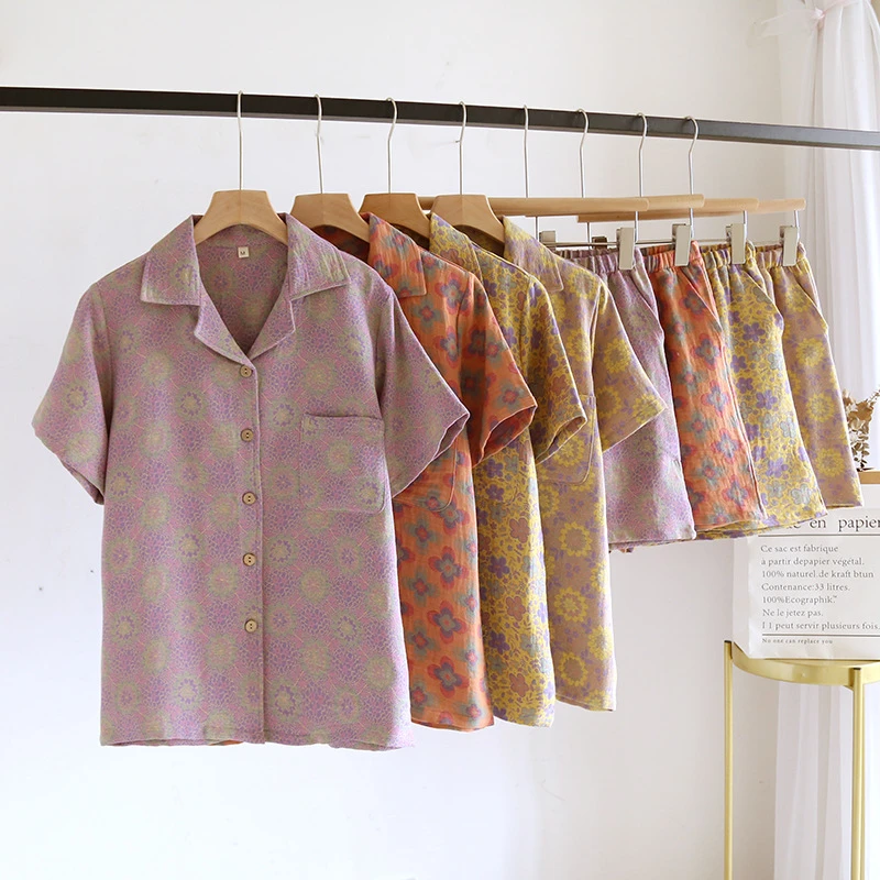 100M【短袖短裤】睡衣女套装夏季薄款宽松休闲纯棉睡衣大码家居服