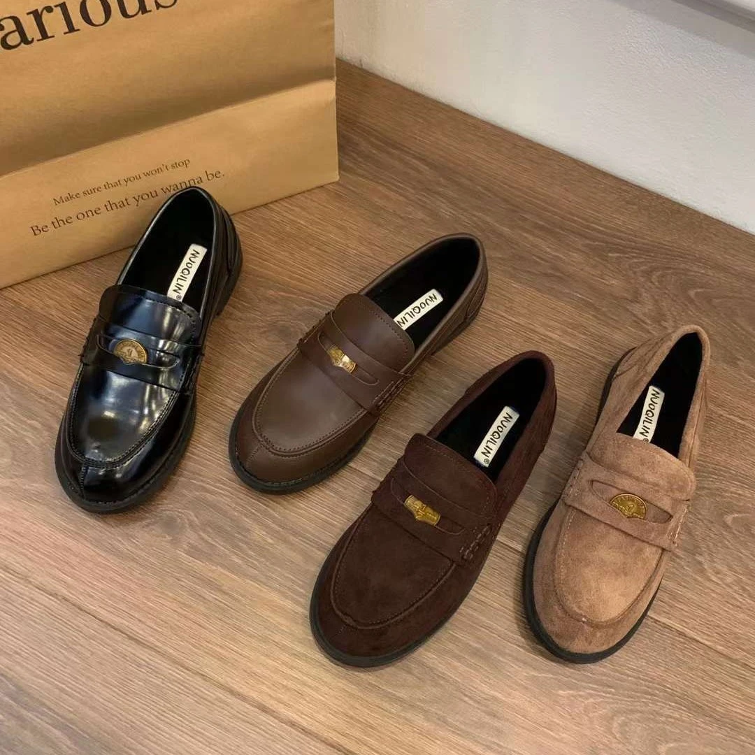 乐福鞋女秋冬一脚蹬软底冬加绒豆豆单鞋厚底小皮鞋黑色